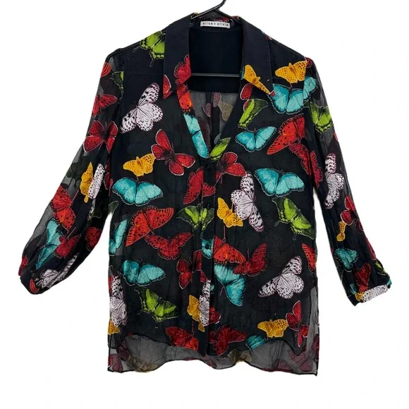 Alice & Olivia Blouse Womens Medium Black Sheila Button Up Butterflies Sheer Top - Picture 1 of 14